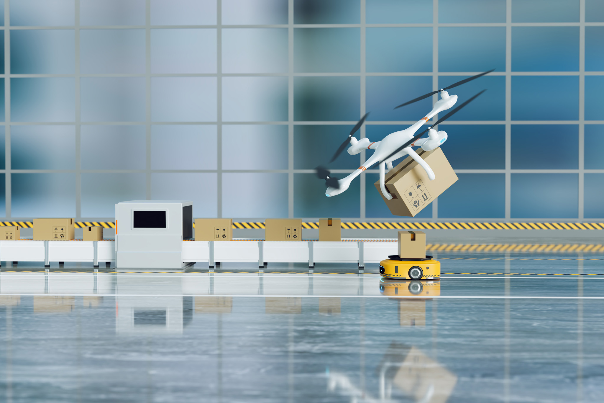 A drone transporting a package flies above a conveyor belt with boxes inside a modern warehouse, accompanied by an autonomous ground vehicle.